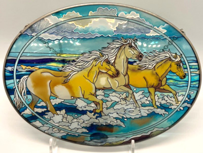 Amia Stained Glass Suncatcher With Chain 3 Horses 8 3/4'' wide
