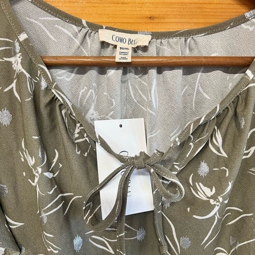 Como Blu XL Shiny Silver Green Womens Short Flutter Sleeve Blouse Tie Front - Picture 2 of 4