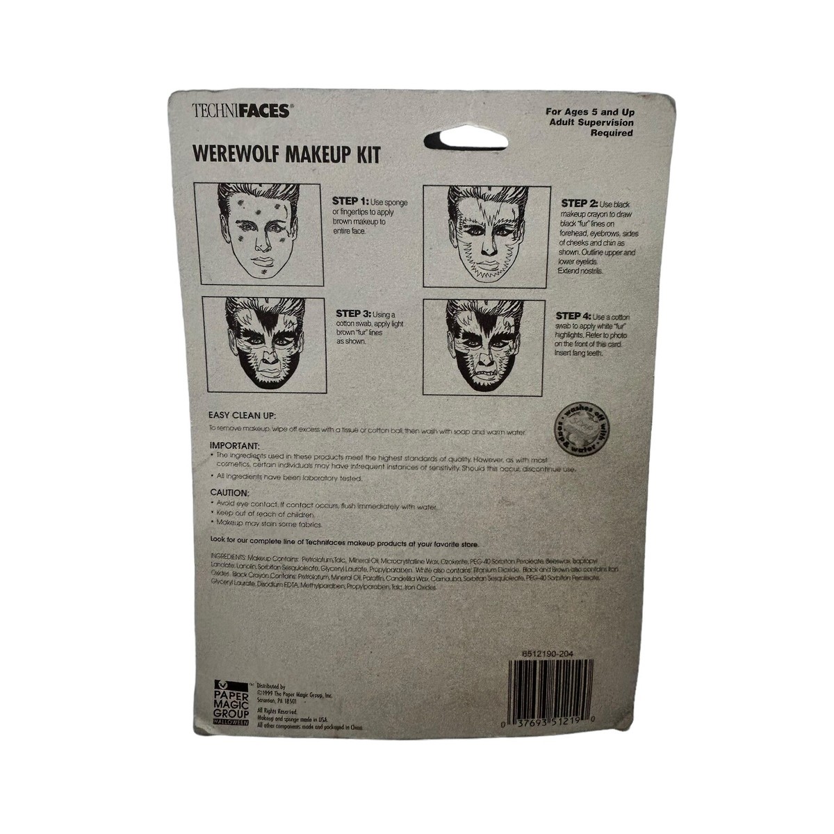 G Vintage Werewolf Halloween Make Up Kit Fangs Technifaces Paper