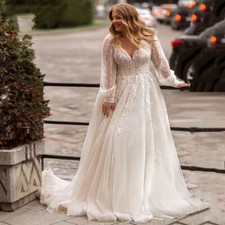 Bohemian V-neck Lace Wedding Dresses Long Sleeve Sweep Train Bridal Gowns