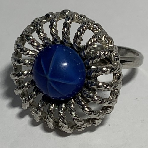 VINTAGE UNCAS Silver Tone COSTUME Blue Stone Star RING Adjustable Filigree - Picture 5 of 7