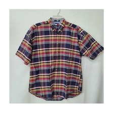 Tommy Hilfiger Plaid Button Up Short Sleeve Shirt Men Large L Crest Logo Vintage