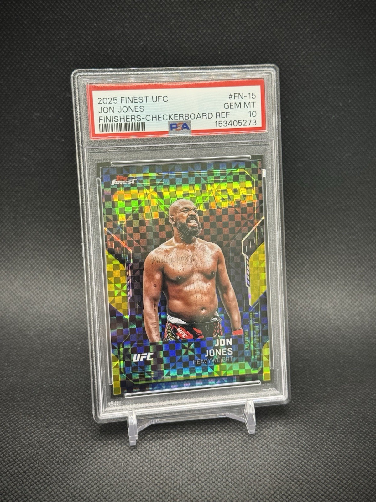 Jon Jones 2025 Topps Finest UFC Finishers Checkerboard Refractor PSA 10 view 2