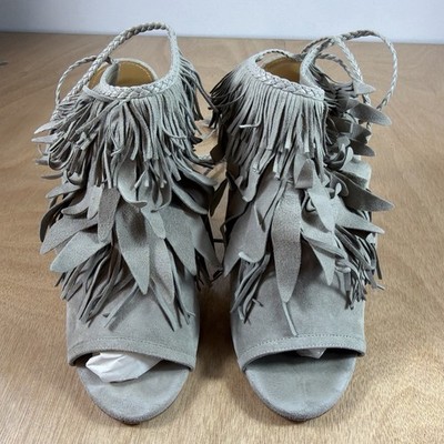Aquazzura Firenze 'So Pocahontas 105' Gray Suede Fringe Heeled Sandals Size 37.5