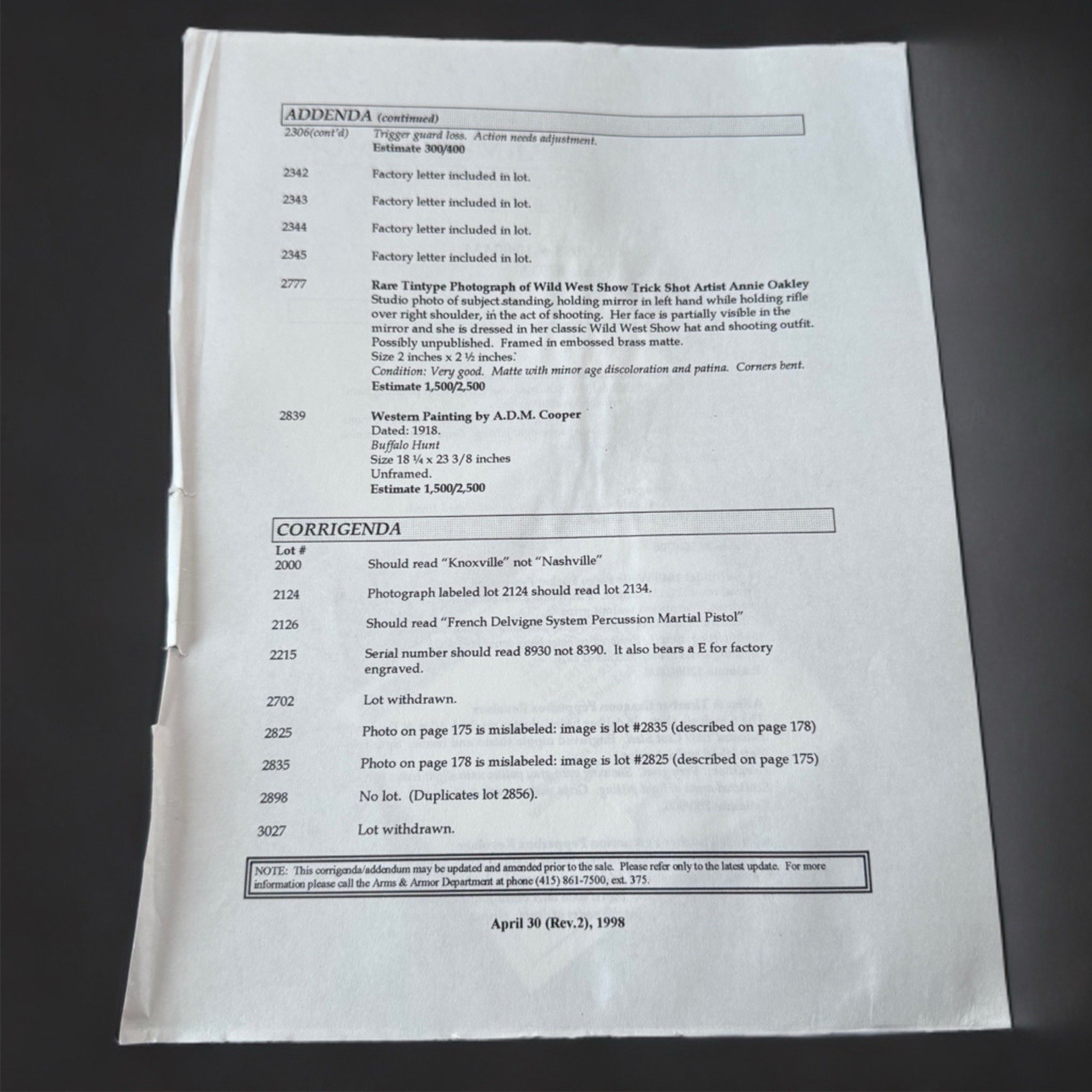 1998 Butterfield Firearms & Edged Weapons Auction Catalog Buffalo Bill Wild West