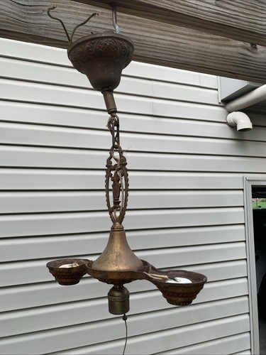 VINTAGE Art Deco CAST IRON CEILING MOUNT 2 LEVITON SOCKET LIGHT FIXTURE RESTORE