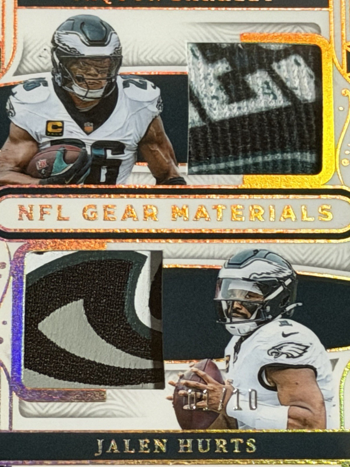 2025 Panini Nat’l Treas Nfl Gear Combo Materials Jalen Hurts, Saquon 1/10 PSA 8 view 13