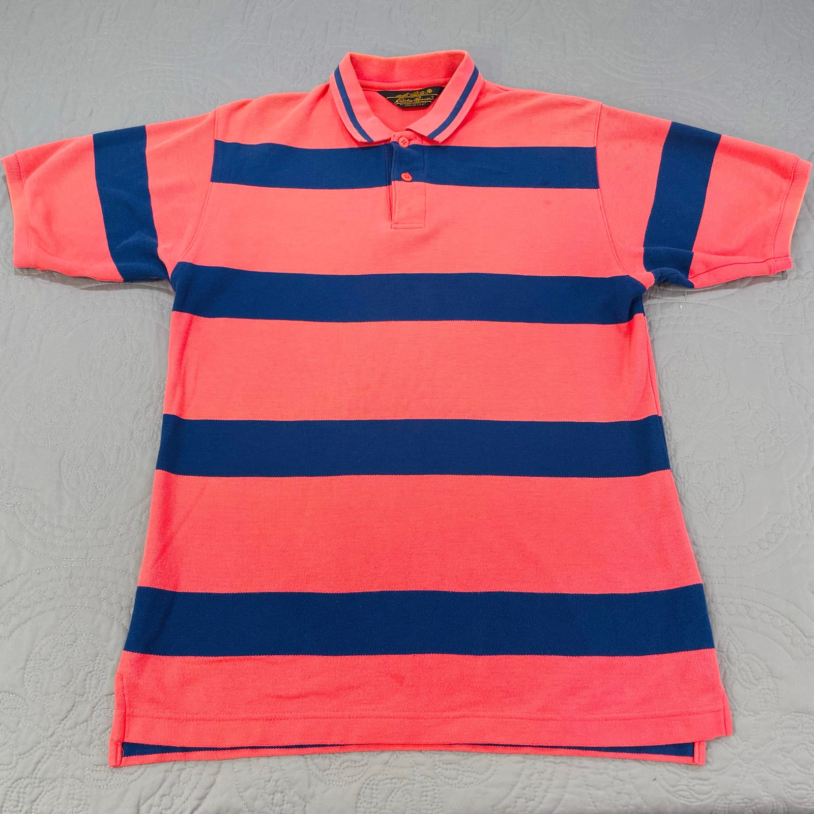 Vintage Eddie Bauer Polo Shirt Mens Small Rugby Striped Short Sleeve Orange Blue