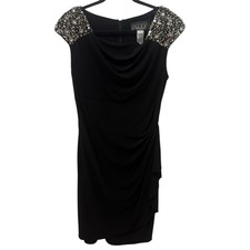 Alex Evenings Black Rhinestone Shoulders Ruched Stretch Cowl Neck Dress Size 10
