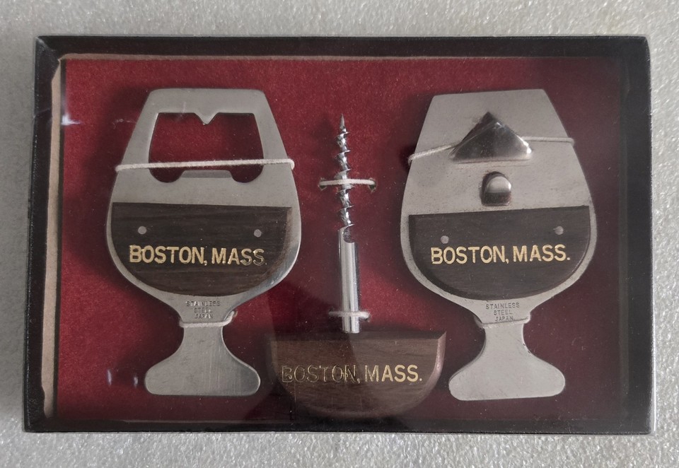 A rare Boston-made vintage barware set with a Made in Japan quirk — the kind of conversation-starting mid-century cocktail kit that looks great on a home bar.