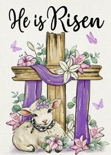 He is Risen Easter Christian Decorative Garden Flag, Religious Cross Lamb Lil...