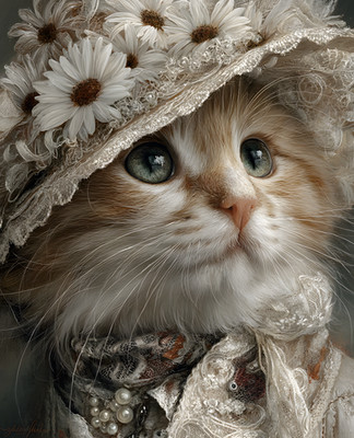 8x10 Cozy Storybook Cat Wearing Hat with Flowers on It Art Print - 312979958