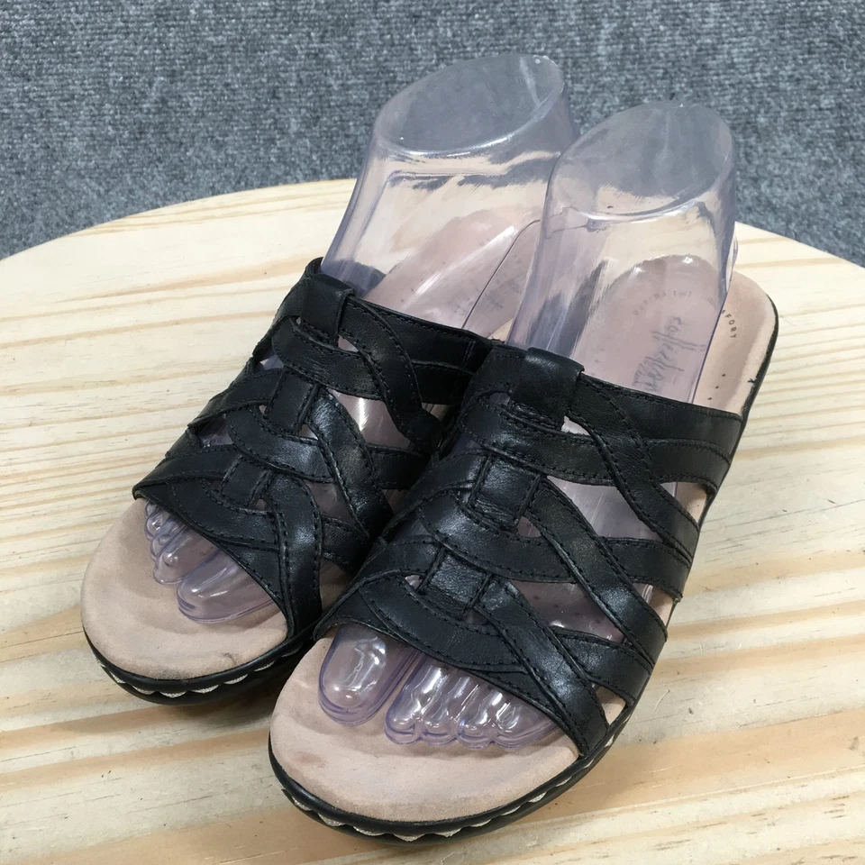 Sandalias sin cordones Clarks Collection para mujer 7M de cuero negro tacón de cuña cómodas Foto 3 de 4