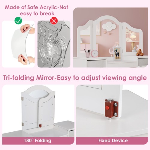 Kids Vanity Table Set Girls' Vanity Table and Chair Set W/ Tri-Folding Mirror - Picture 4 of 18