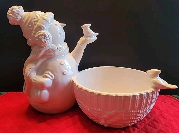 Tigela para servir doces Williams Sonoma Natal boneco de neve branco cardeais - Imagem 3 de 4