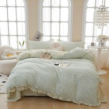 Blue Floral Comforter Set Twin XL with Lace Edge Reversible Stripes Ruffled C...