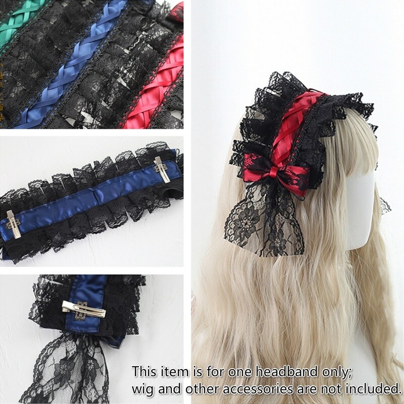 Fascia per capelli con fiocco in pizzo nero carino fatto a mano originale Harajuku Lola  200000532