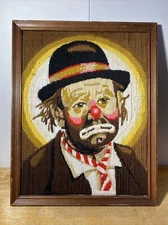 Vintage Emmett Kelly Sad Clown Ringling Brothers Yarn Art 50’s? Framed 19” High