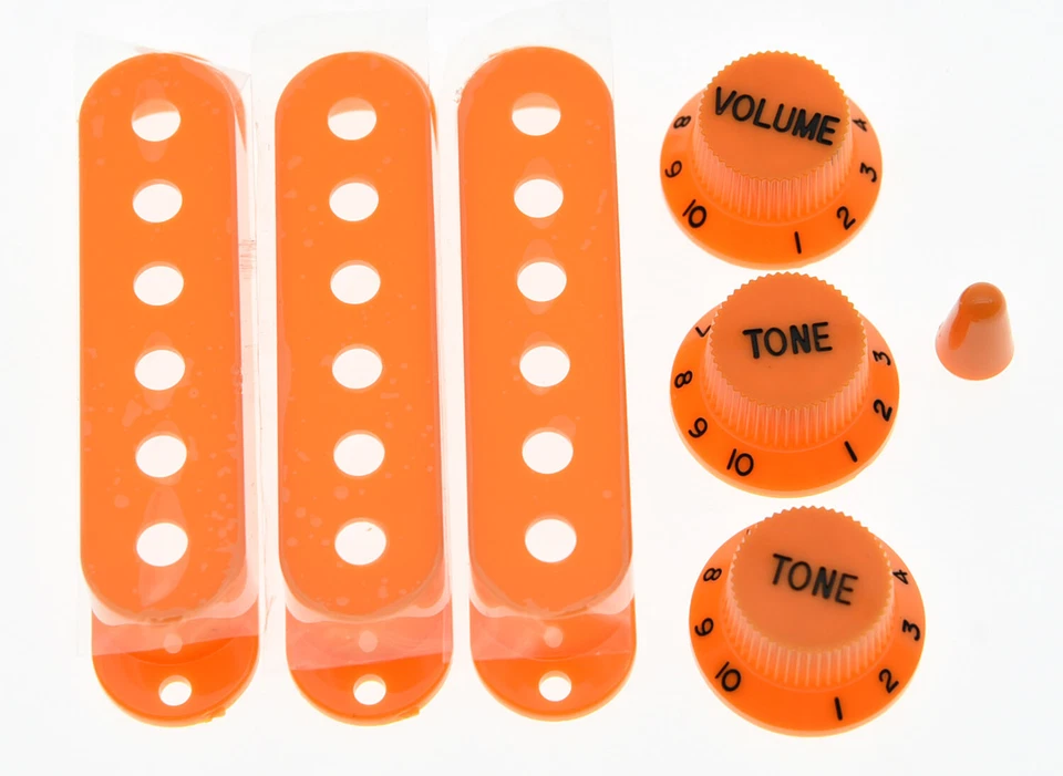 Perillas ST naranja/negro, cubiertas de pastilla de bobina única ST y punta de interruptor de 5 vías se adapta a Strat Foto 2 de 3