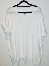 J.JILL WHITE LINEN SHORT SLEEVE POCKETS BOXY V-NECK TOP SHIRT*M/L