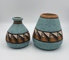 Set of 2 Southwestern Design Textured Art Pottery Vases Signed MM