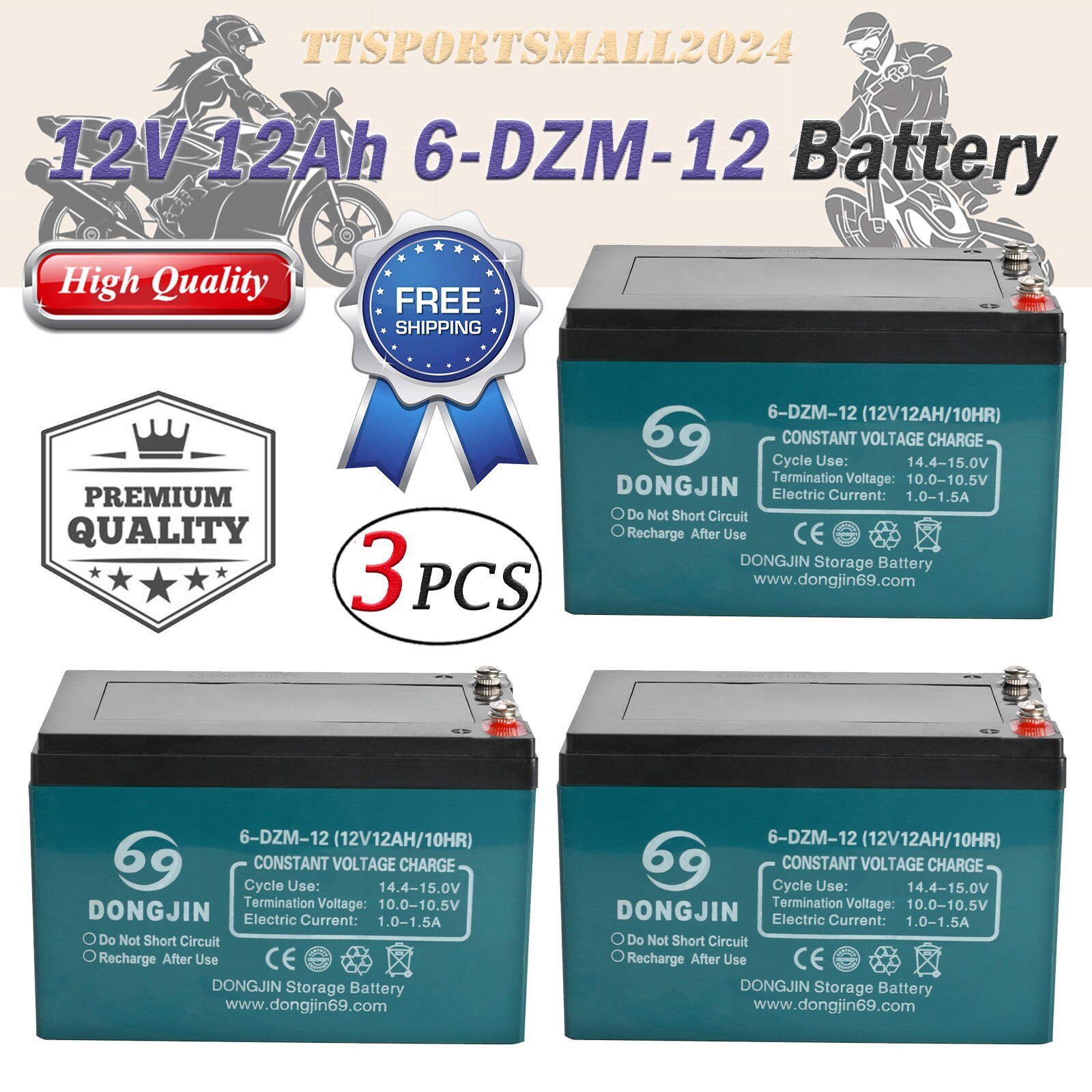 3x Rechargeable 12V 12Ah 6-DZM-12 Batteries for ATV Quad Go Kart Scooter Golf Cart