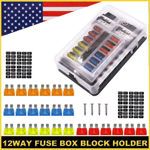Car Auto Boat 12-Way Fuse Box Block Holder With Cover LED Indicator Light 12V US
