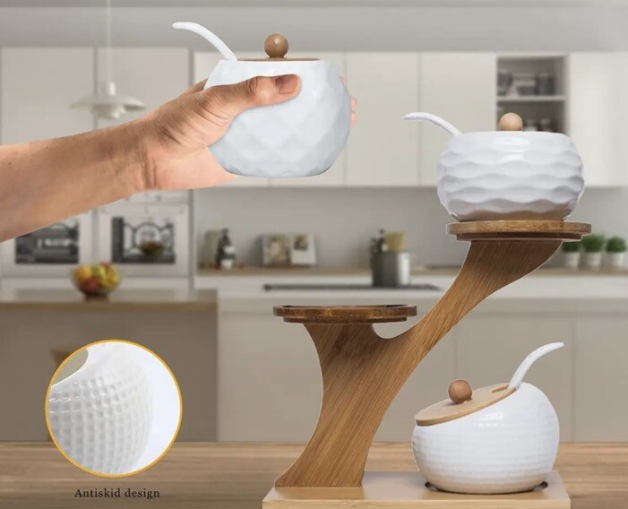 Porcelain Condiment Jar Set, Spice Jars with Bamboo Lids and Spoon