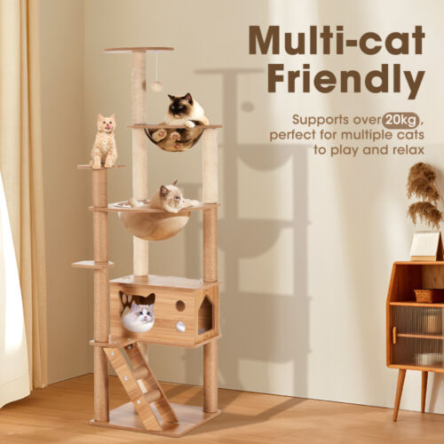 Petzly Wooden Cat Tree Tower Scratching Post Scratcher Condo House Bed 143/150cm - Picture 4 of 26
