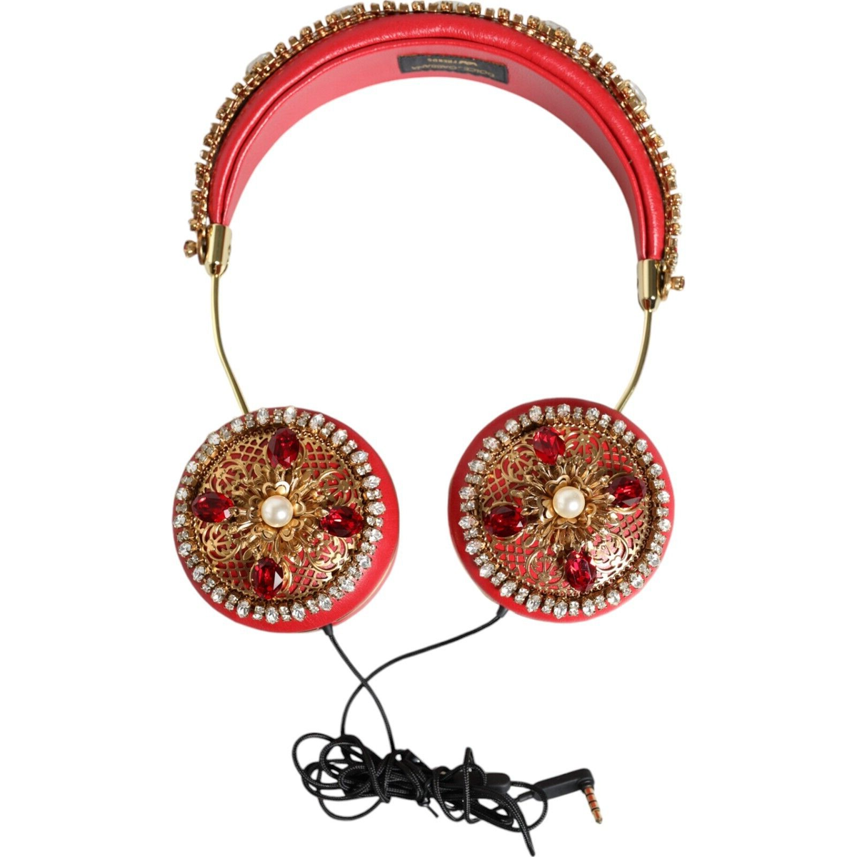 DOLCE & GABBANA Headphone Red Nappa Leather Floral Crystal Headset
