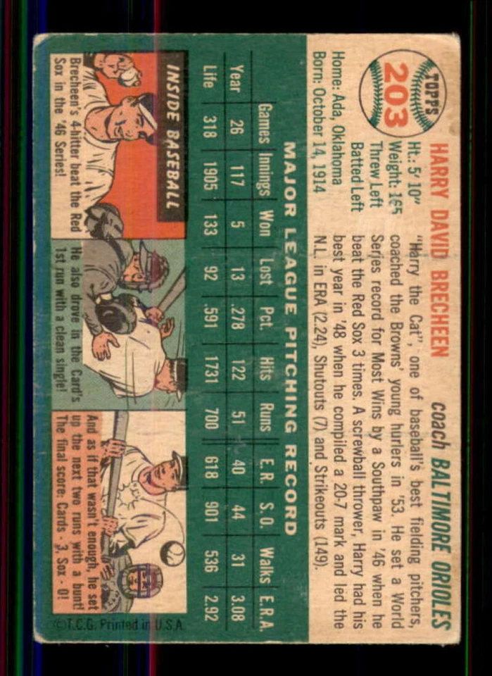 1954 Topps #203 Harry Brecheen VG/VGEX Orioles CO 527192 - Image 2 of 2