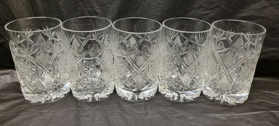 Juego de 5 vasos de jugo de cristal grabado vintage fondo pesado  Foto 4 de 4