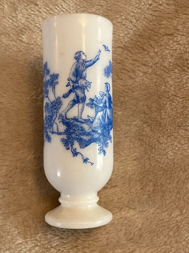Vintage Milk Glass White And Blue Pedestal Demitasse Cup Or Bud Vase