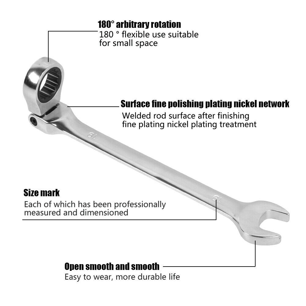 12Pcs Metric Flexible Ratchet Spanners 819mm Flexi Head Combination