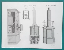 HYDRODYNAMICS Water Clocks Clepsydra - 1817 Antique Print
