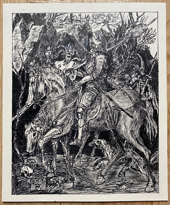 Tuschezeichnung nach Dürrer. Ritter Todt und Teufel. Motiv: 12,4x15,5 cm.