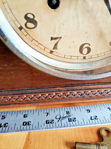 Antique English Mantle Clock w Key Gorgeous Woodwork Made in England not working - Picture 7 of 12