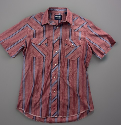 Vintage Wrangler Mens Shirt M Western Pearl Snap Short Sleeve Red Blue Stripe