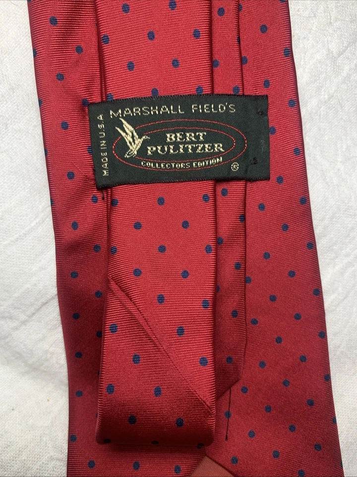 Corbata de seda vintage Bert Pulitzer roja con lunares azules para Marshall Fields Foto 4 de 4