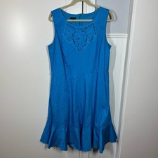 Talbots Aqua Blue Embroidered Flounce dress Career Cocktail size 16 100% cotton
