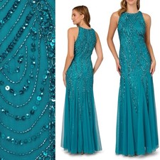Adrianna Papell teal blue beaded full length hater dress size 10 formal wedding