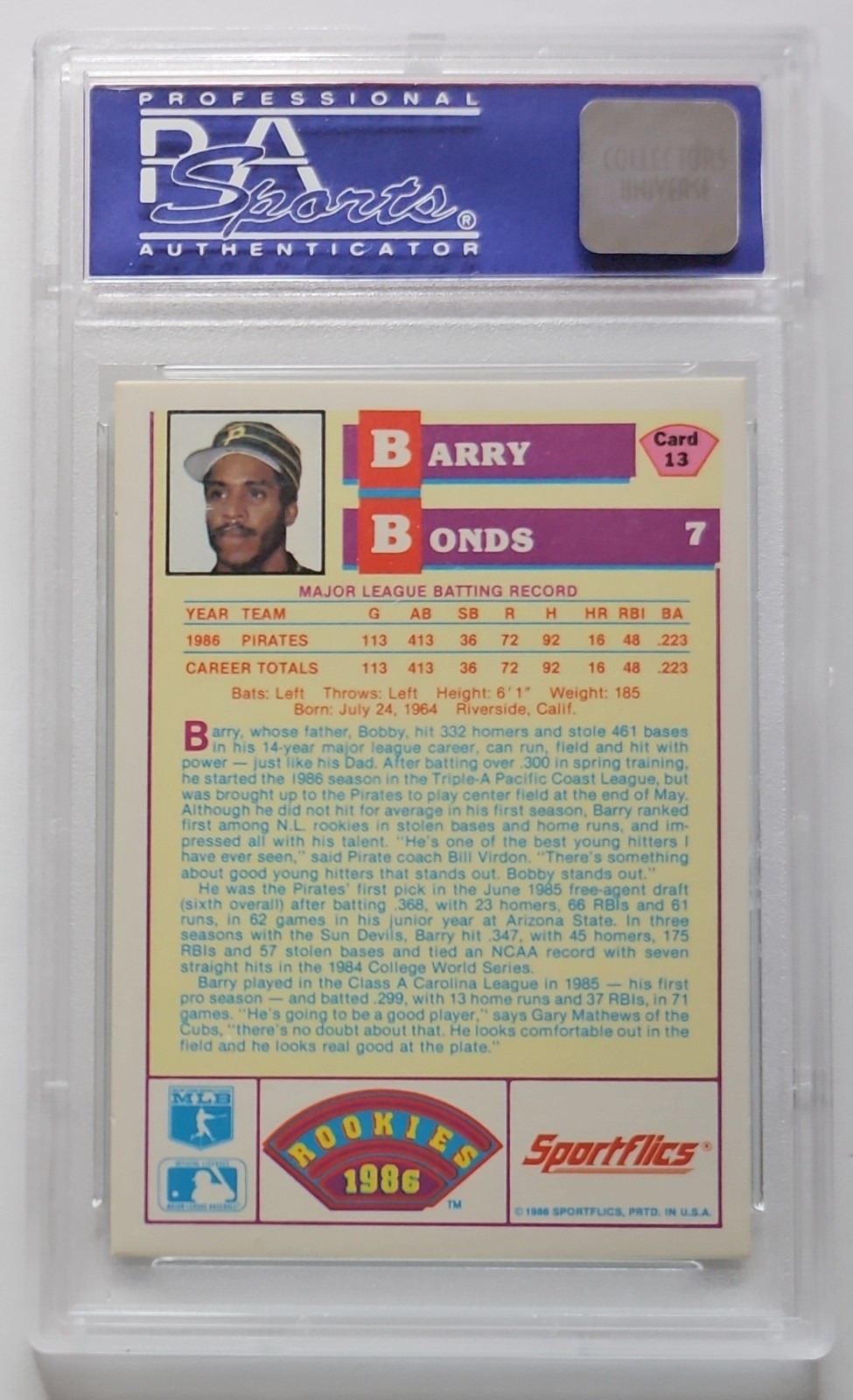 1986 SPORTFLICS ROOKIE #13 BARRY BONDS PITTSBURGH PIRATES PSA 8 NM - MINT RC 💰 view 7