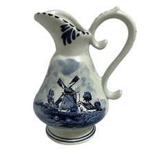 Vintage Delfts Blauw Delft Blue Holland Pitcher Jug Windmill Landscape 6 1/2"