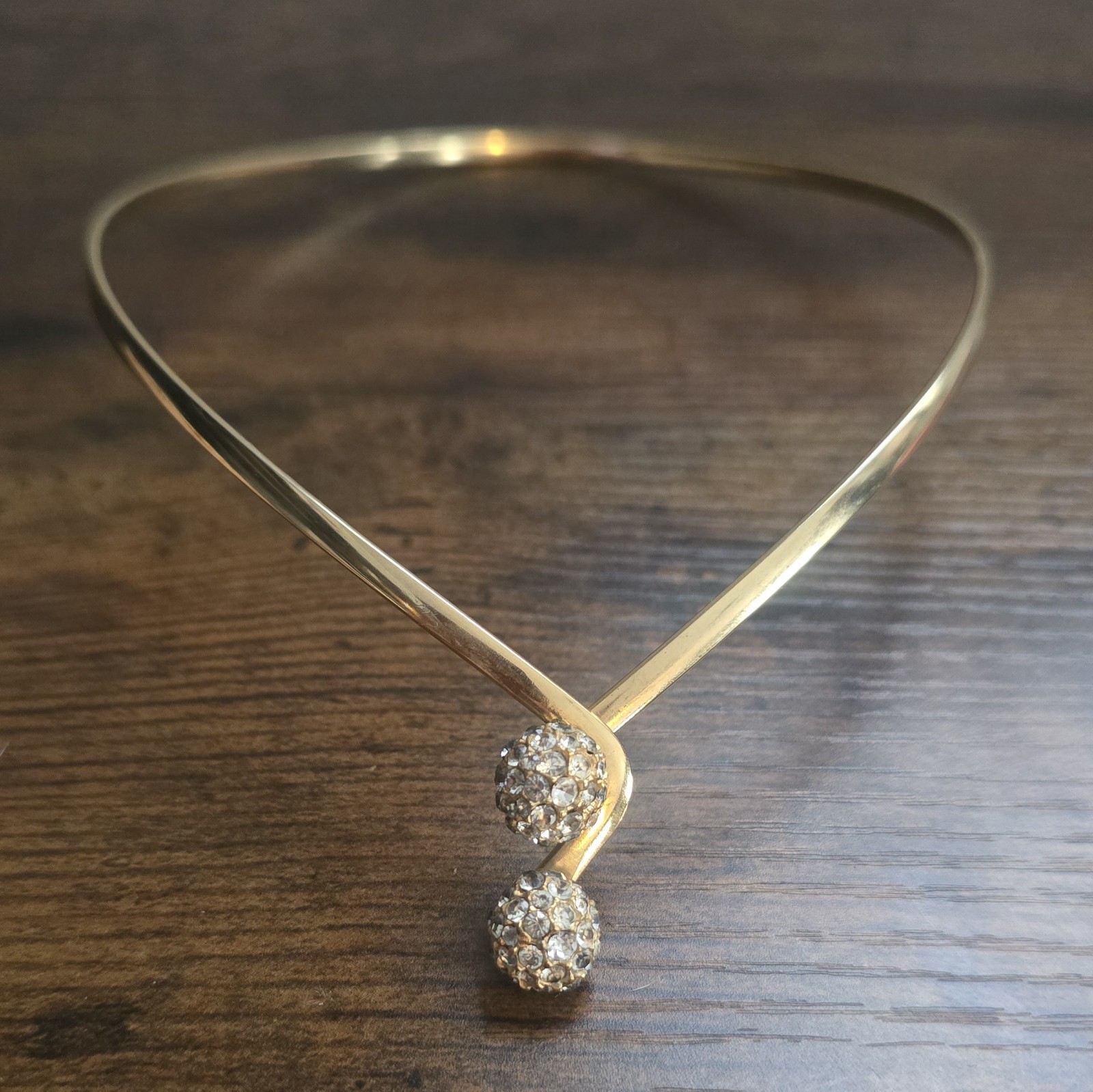 Gold Tone Collar Choker Necklace with Pavé Crystal Ball Ends, Nickel-Free