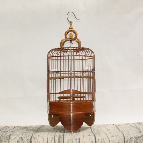 Chinese Carving Oriental Round Shape Bamboo Wood Birdcage Display 22cm 2