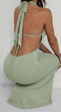 Women’s Green Halter Maxi Dress S Backless Cut Out Ring Accent Tie Closure
