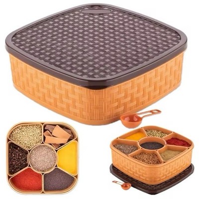 Indische Gewürze Dose Masala 7 Abschnitte Dabba Box Gratis Löffel - Schwer Kunststoff Quadrat