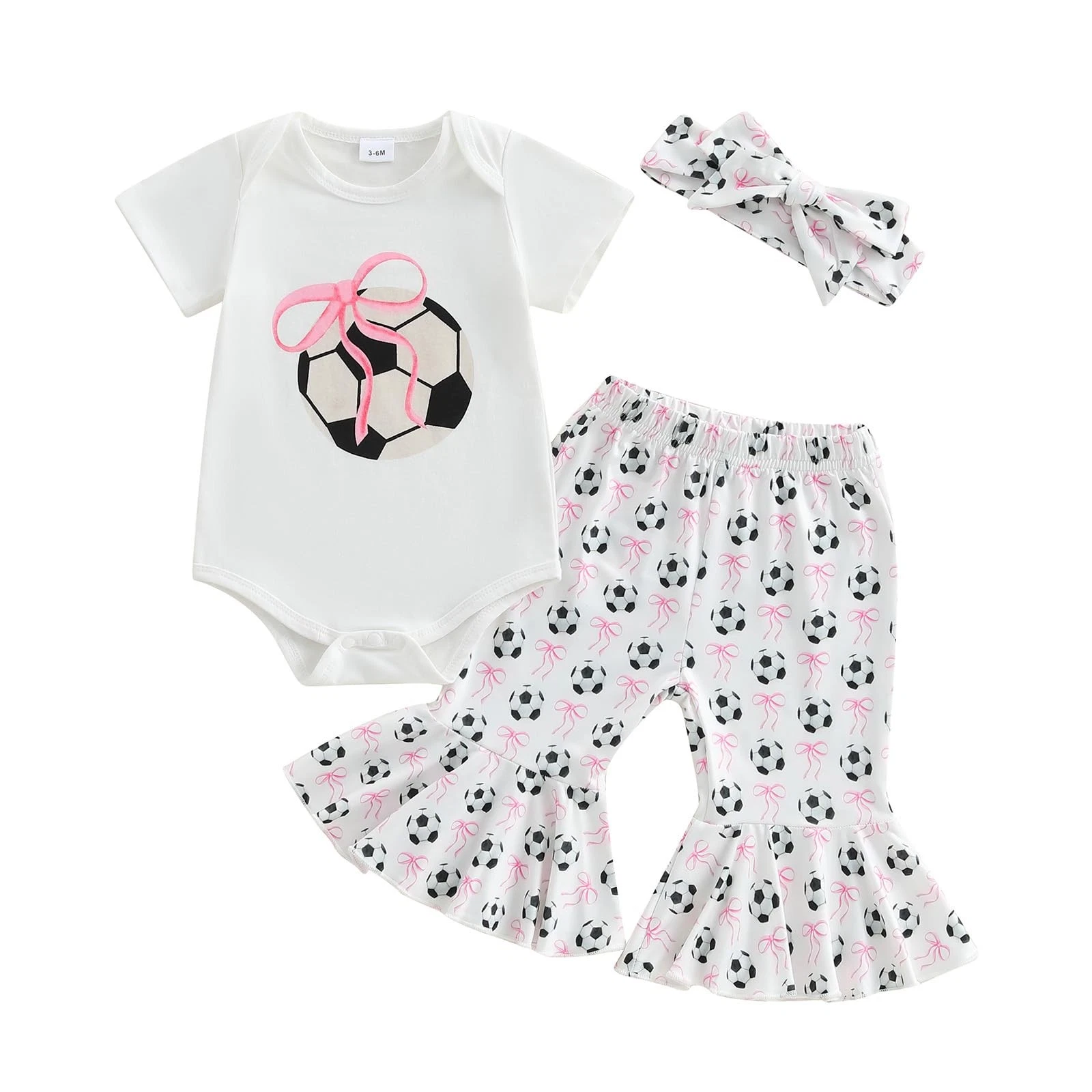 Newborn Baby Girl Summer Clothes Soccer Print Short Sleeve Romper Flare Pants...