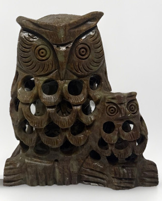 Artisan Crafted Soapstone Owl and Owlet Figurine Made in India VTG 4 