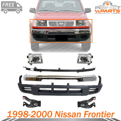 Front Bumper Chrome Steel Kit +Headlights Assembly For 1998-2000 Nissan Frontier